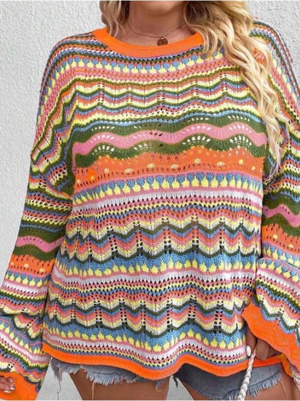 SHEIN Multi-Color Crochet Crewneck Sweater with Orange Trim
